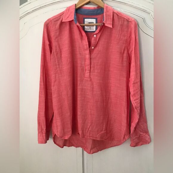 Sonoma Tops - Sonoma Everyday Red Collared Henley Cotton Americana Preppy Lightweight Top S
